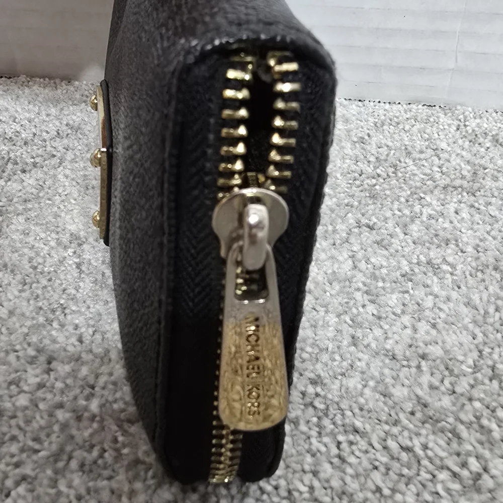 Michael Kors Continental Black and Gold Signature Logo  Zip-Around Wallet